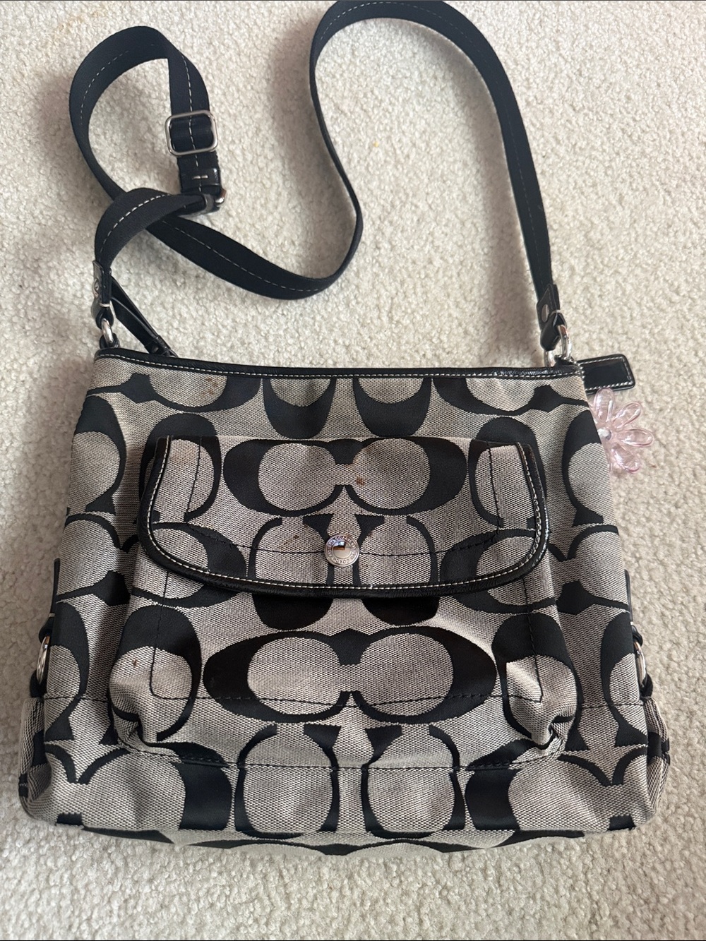 Well loved Coach Black/Tan Signature Canvas Crossbody Bag
